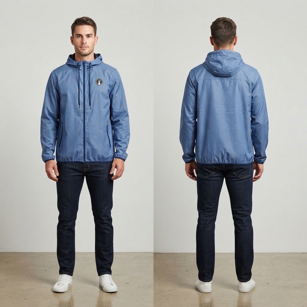 Tunaskin Mens Blue Heathered Full Zip Hooded Windbreaker Jacket Small CAP8230